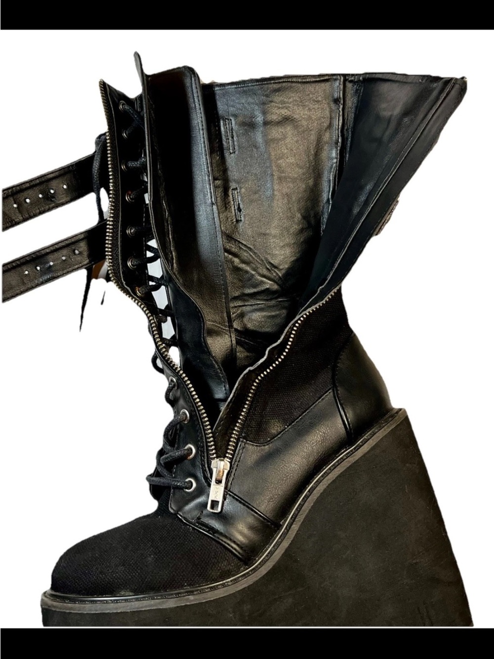 Demonia Swing-221 Canvas Wedge Platform Lace-Up Knee High Boots 8M - Picture 6 of 14